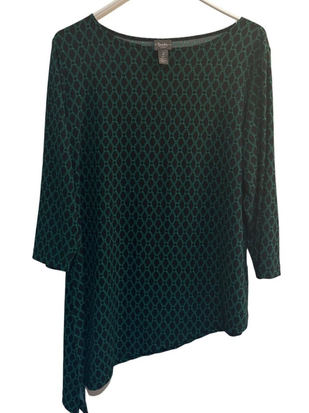 Chico's Travelers navy blue and green asymmetrical blouse size L/12